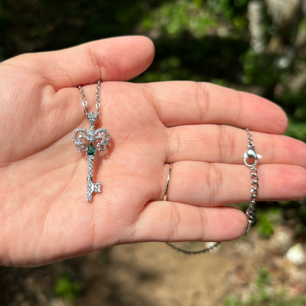 18K White Gold Plated Stainless Steel Diamond Key Necklace